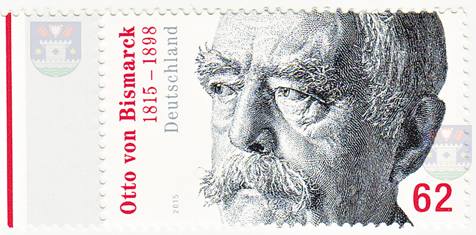 Diese Briefmarke erschien im April 2015 anlässlich des 200. Geburtstages des 1. Reichskanzlers des Deutschen Reiches von 1871: Otto von Bismarck